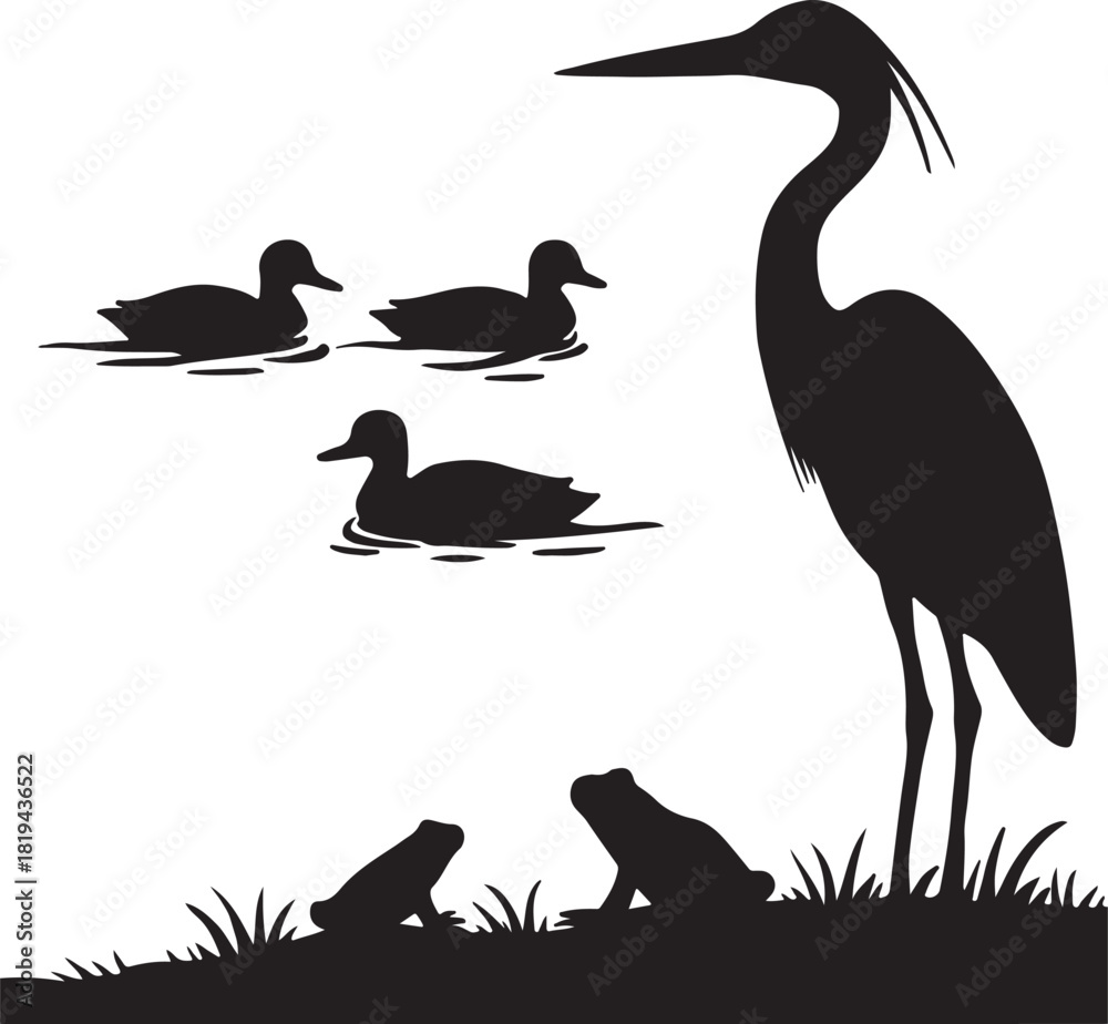 Obraz premium a heron and frogs on a bank with ducks swimming in a pond silhouette vector