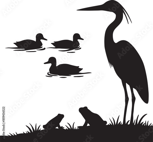 a heron and frogs on a bank with ducks swimming in a pond silhouette vector