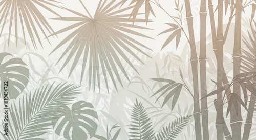 Illustration of palm leaves monstera and bamboo stalks on a light background depicting a jungle scene