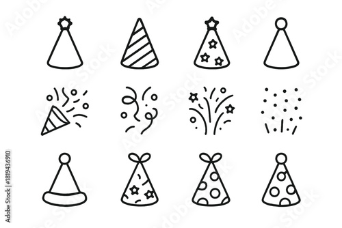 Party Icon Collection. Happy party. Line outline icon set of happy party: party hat with pom-pom, striped