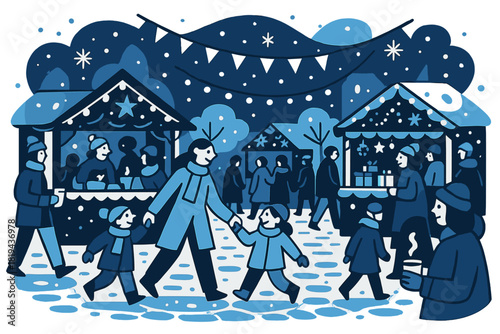 Winter Festival Cheer. Winter festival in the town square. Crowds of people walking among decorated stalls,