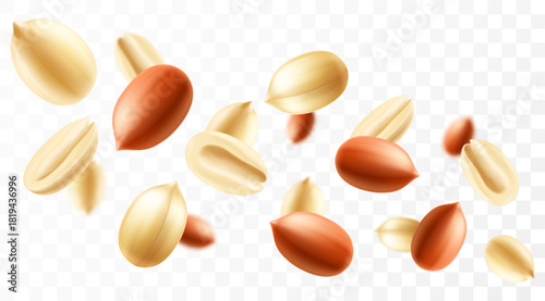 Falling peanuts, isolated on transparent background, selective focus. Flying peanut with blurry effect. Can be used for advertising, packaging, banner, poster. Realistic 3d vector illustration