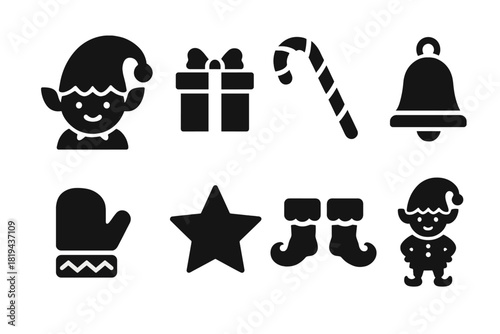 Festive Elf Icons. Festive Workshop Elf. Filled icon set of Festive Workshop Elf: elf with big hat, gift,