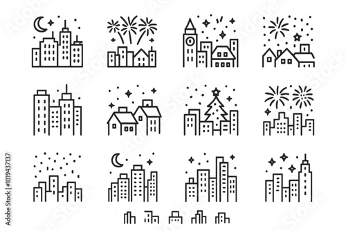 City Celebration Icons. City celebration. Line outline icon set of city celebration: city skyline at midnight,