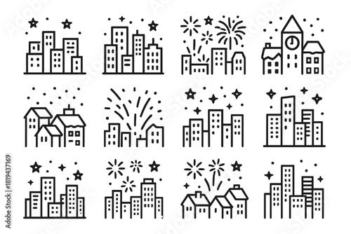 Festive Urban Icon Set. Festive urban night. Line outline icon set of festive urban night: illuminated skyline