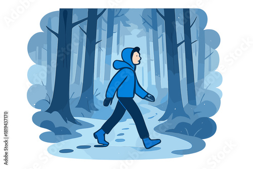 Footprints in Fog. Foggy forest trail with footprints. Soft mist enveloping tall trees, faint footprints