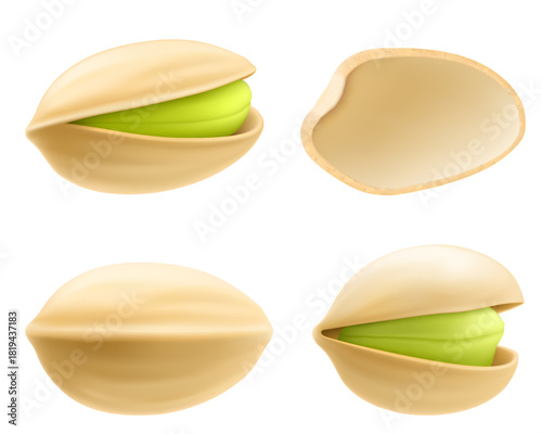 Set of realistic pistachios in 3d style. Pistachios in shell and without shell isolated on white background. Natural organic food. Design element for nuts packaging, advertising. Vector illustration.