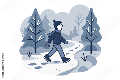 Serene Snowy Pathway. Quiet snowy path. Pathway with footprints meandering between frosted trees, mist