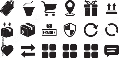 Ecommerce and delivery icons set shopping cart, package, location, and tag