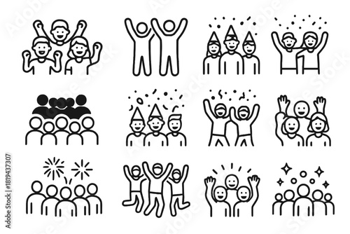 Festive Crowd Icons. Festive crowd. Line outline icon set of festive crowd: cheering people, group with hands