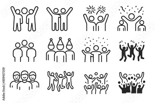Joyful Celebration Icons. Joyful celebration. Line outline icon set of joyful celebration: people raising