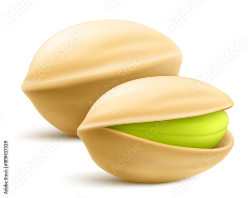 Realistic pistachio with shadow in 3d style. Roasted pistachios in shell isolated on white background. Natural organic food. Design element for nuts packaging, advertising, etc. Vector illustration.