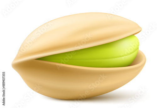 Realistic pistachio with shadow in 3d style. Roasted pistachios in shell isolated on white background. Natural organic food. Design element for nuts packaging, advertising, etc. Vector illustration.