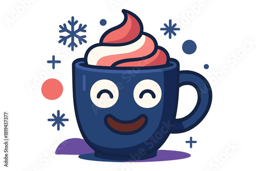 Smiling Winter Cocoa. Winter cozy cup. Front view of smiling hot cocoa mug, whipped cream eyes and chocolate