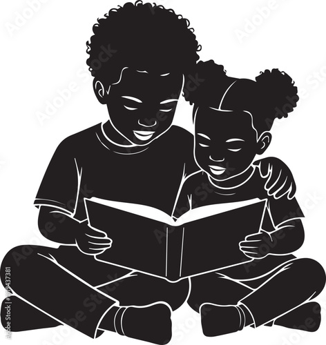 Two black children reading a book together illustration