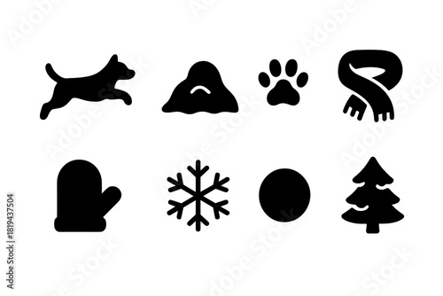 Snowy Fun Icons. Snowy Fun. Filled icon set of Snowy Fun: dog leaping, snow mound, paw prints, scarf, mitten,