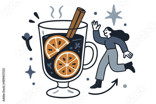 Festive Mulled Wine Scene. Mulled wine with orange and clove. Decorative glass showing floating orange slices,