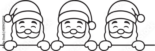 Three Santa Claus faces peeking over a line vector