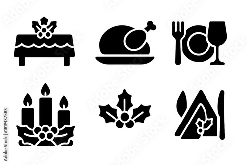 Christmas Feast Icons. Christmas Feast. Filled icon set of Christmas Feast: table, roasted turkey, plates,