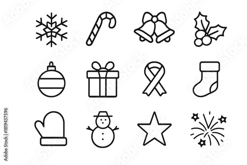 Holiday Icon Set. Holiday celebration pack. Line outline icon set of holiday celebration pack: snowflakes,