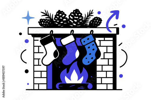 Cozy Holiday Hearth. Fireplace with hanging stockings and pinecones. Stockings draped across mantel, pinecone