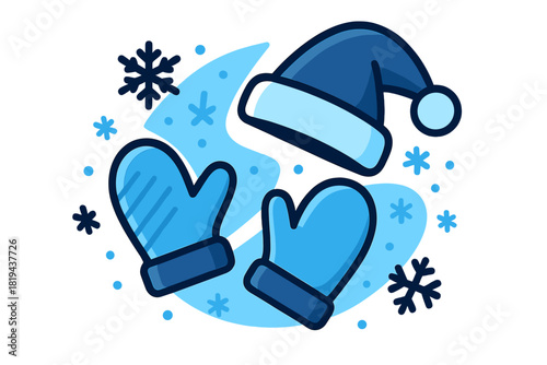 Santa Mittens Cheer. Winter accessory set. Pair of mittens and Santa hat, small snowflakes around, bright