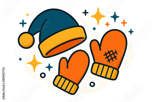 Cozy Christmas Essentials. Christmas cozy items. Santa hat tilted on side, gloves next to it, soft shadows and