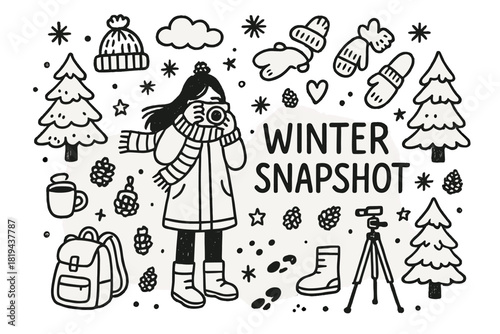 Winter Doodle Delight. Winter Snapshot. Hand-drawn doodle illustration of Winter Snapshot. Girl with camera,