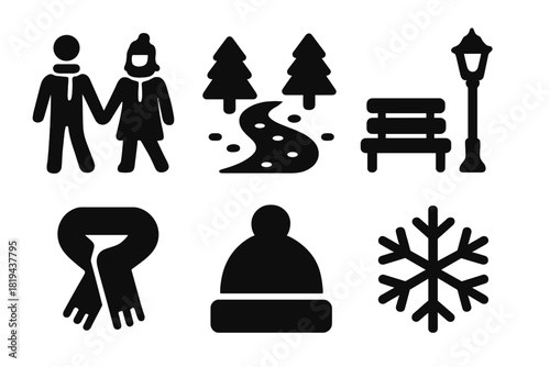 Winter Icons Collection. Couple in Winter. Filled icon set of Couple in Winter: couple holding hands, snowy