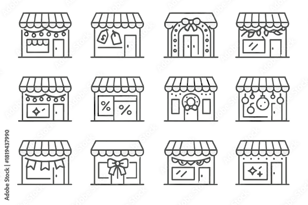Fototapeta premium Festive Store Icons. Festive store display. Line outline icon set of festive store display: store with