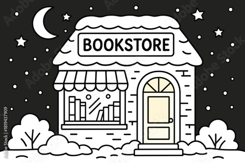 Winter Bookstore Coloring. Winter bookstore night children’s coloring book illustration, outlined drawing,