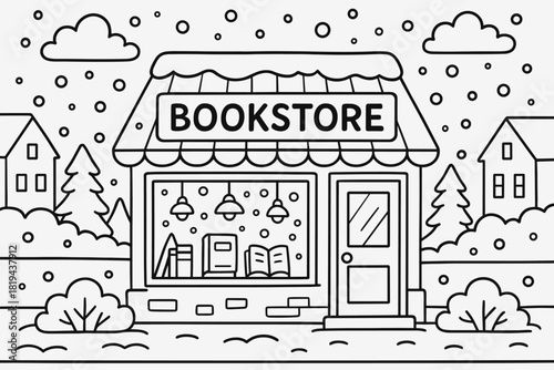 Snowy Night Bookstore. Snowy night bookstore children’s coloring book illustration, outlined drawing,