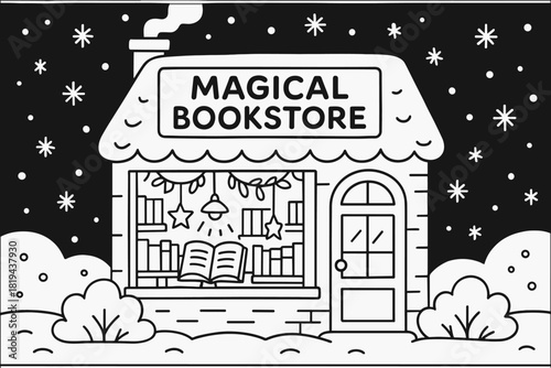 Cozy Bookshop Night. Magical bookstore night children’s coloring book illustration, outlined drawing, cozy