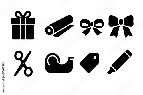 Gift Wrapping Icons. Wrapping Workshop. Filled icon set of Wrapping Workshop: gift box, wrapping paper roll,