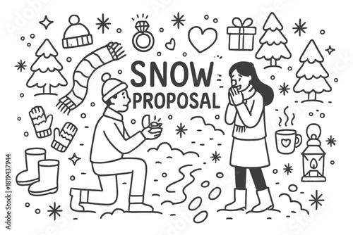 Snowy Engagement Doodle. Snow Proposal. Hand-drawn doodle illustration of Snow Proposal. Couple, engagement