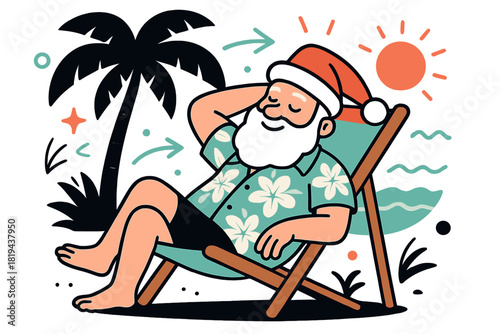 Tropical Santa Relaxing. Santa lying in beach chair with palm background. Red suit replaced by tropical shirt,
