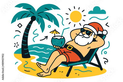 Tropical Santa Retreat. Santa relaxing on a tropical beach. Santa lounging on a beach chair under a palm tree,