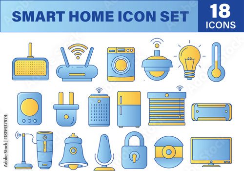 Modern smart home technology icons set for connected living, featuring intelligent devices for automation and convenience in a vibrant blue and yellow design