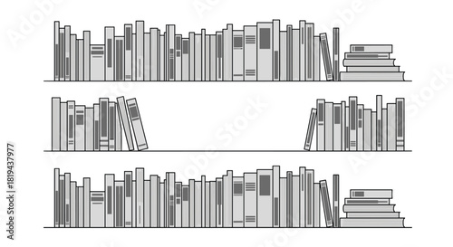 Multiple bookshelves filled with various books a simple and linear illustration representing education knowledge and reading.