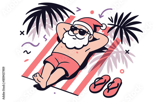 Santa's Beach Retreat. Santa on beach towel. Santa lying on striped towel, flip-flops beside him, palm leaves