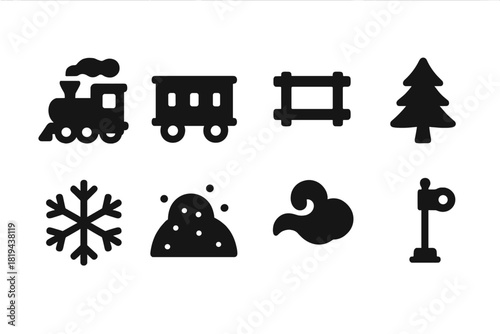 Snowy Train Icons. Snowy Train Ride. Filled icon set of Snowy Train Ride: train engine, train car, railroad