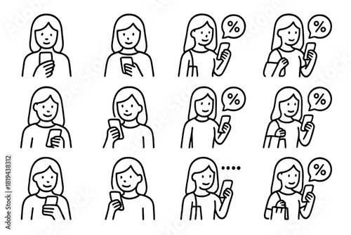 Phone Discount Icons. Girl checking discounts on her phone. Line outline icon set of girl checking discounts