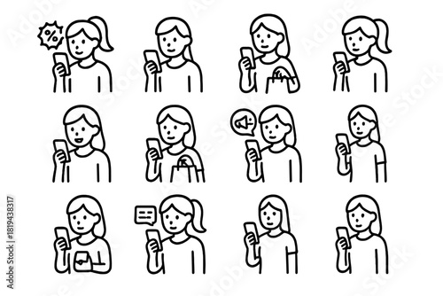 Online Shopping Icons. Online shopping girl. Line outline icon set of online shopping girl: girl checking