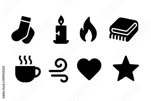 Fireside Icons Set. Fireside Comfort. Filled icon set of Fireside Comfort: socks, candle, flame, blanket, hot