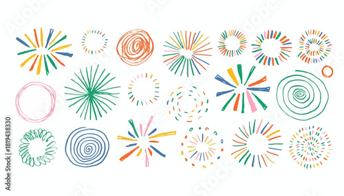 Vibrant Hand-Drawn Doodle Burst and Spiral Element Set, Colorful Artistic Collection of Abstract Patterns for Festive Graphic Design Projects and Playful Backgrounds
