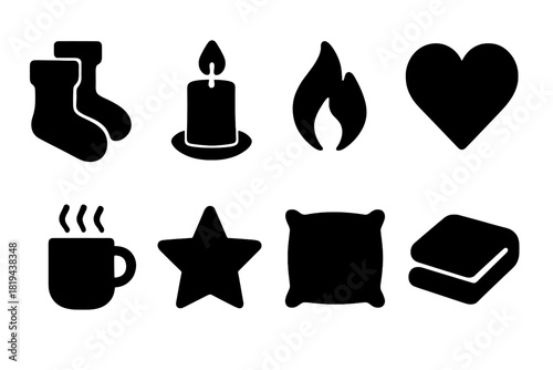 Cozy Icons Grid. Cozy Socks. Filled icon set of Cozy Socks: socks, candle, flame, blanket, heart, steam mug,
