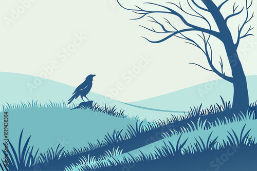 Crow & Bare Tree Print | Blue Winter Landscape Art