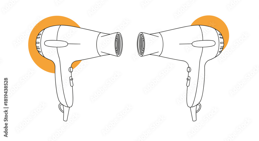 Fototapeta premium Pair of simple line art hair dryers with orange color accents a minimalist illustration for beauty salon or personal care themes.