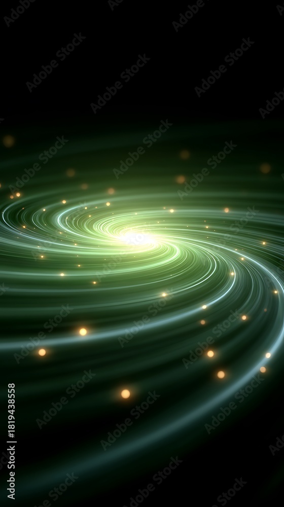Obraz premium Luminous Green Galaxy with Swirling Lines and Golden Particles on Dark Background