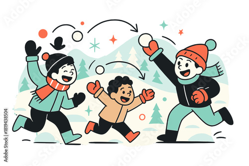 Snowball Fight Fun. Children throwing snowballs. Dynamic snow arcs, mittens and hats in motion, expressive